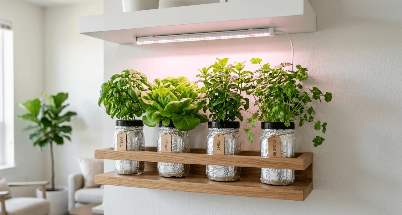 Small apartment shelf with multiple hydroponic jars growing basil, lettuce, mint, and green onions under LED grow lights