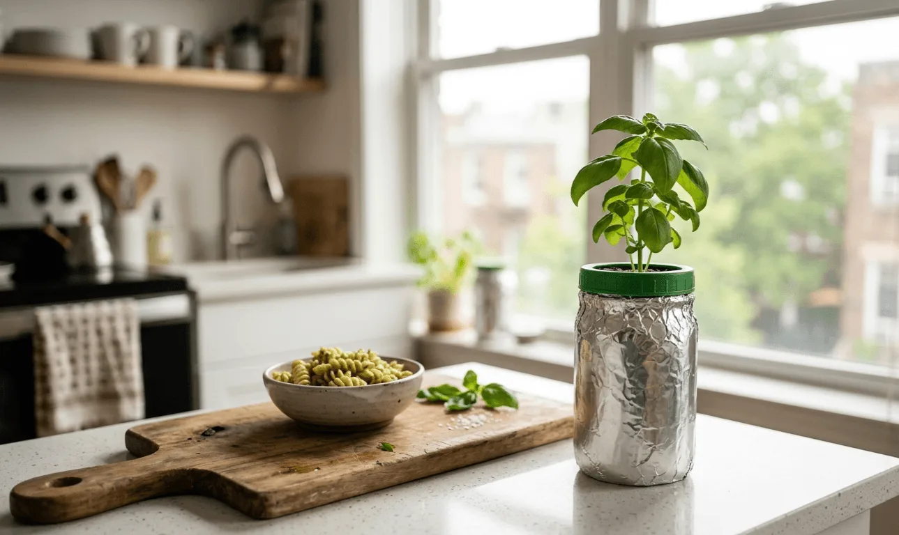 Apartment kitchen windowsill with a foil-wrapped mason jar growing hydroponic basil next to a wooden cutting board