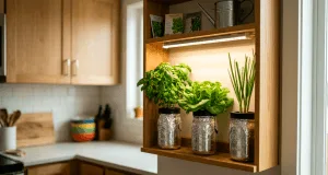 Beginner apartment hydroponics setup with foil-wrapped mason jars growing basil and lettuce under LED grow lights on a kitchen shelf