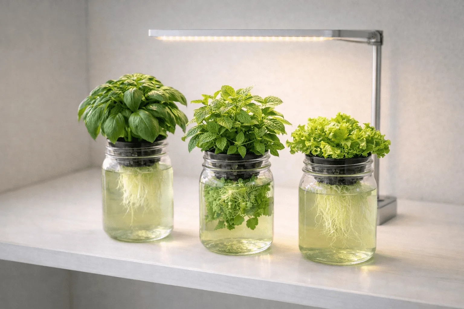 Three Kratky glass mason jars growing basil, mint, and lettuce on a white apartment shelf under a compact LED grow light panel