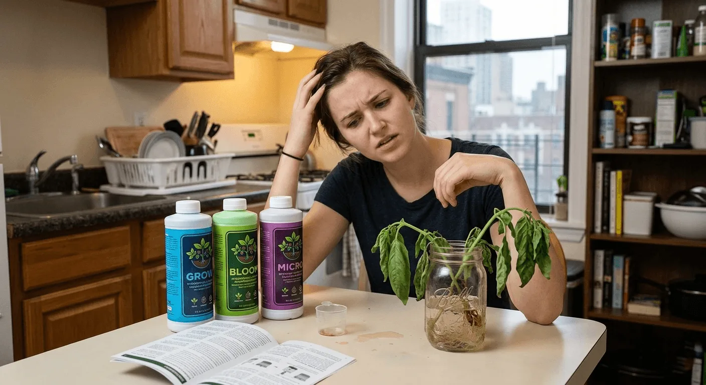 beginner confused by hydroponic nutrient bottles next to a wilted basil plant in a small apartment