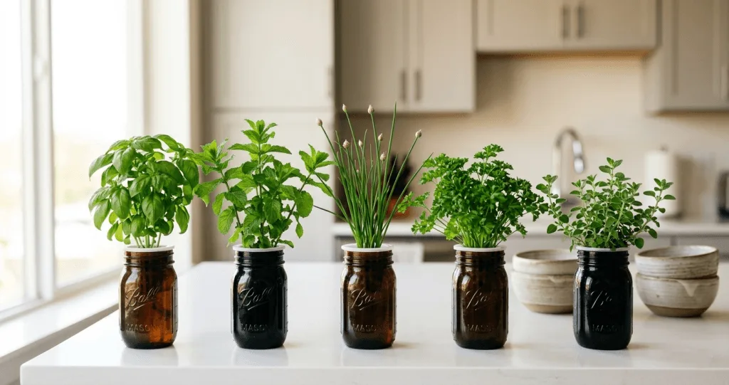 Best herbs for small hydroponics growing in mason jars on an apartment counter