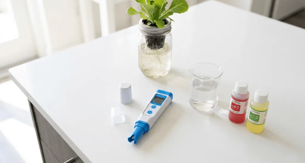 Apera PH20 digital pH meter beside buffer solution bottles and a Kratky mason jar on an apartment kitchen counter