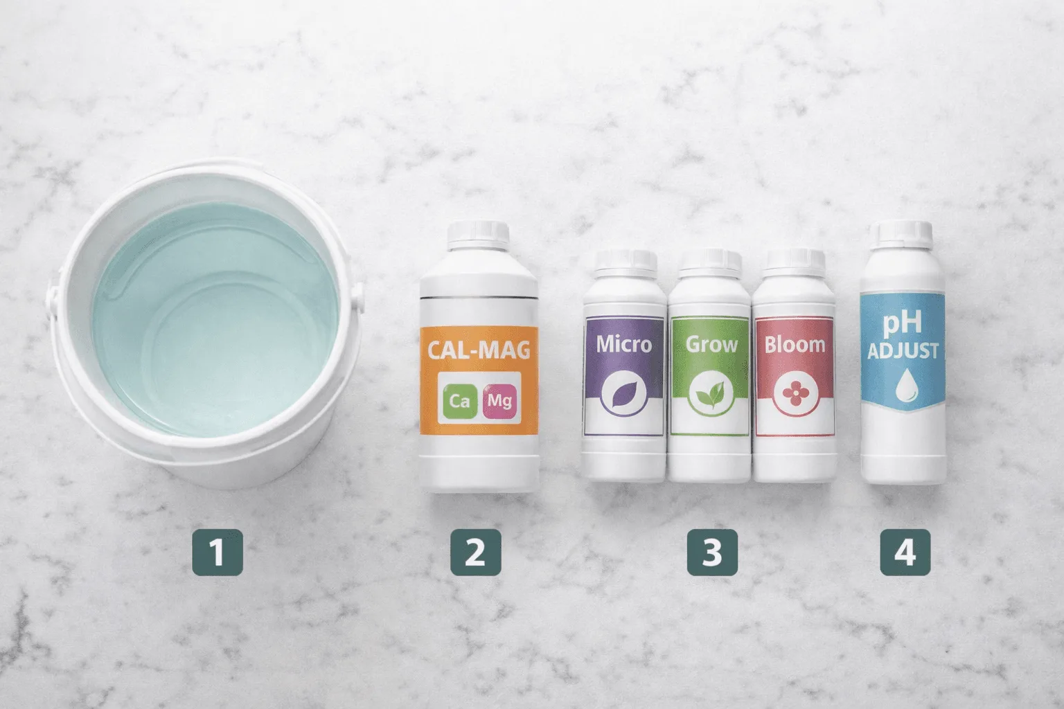 flat lay showing the correct order for mixing hydroponic nutrients including Cal-Mag and three-part nutrient bottles