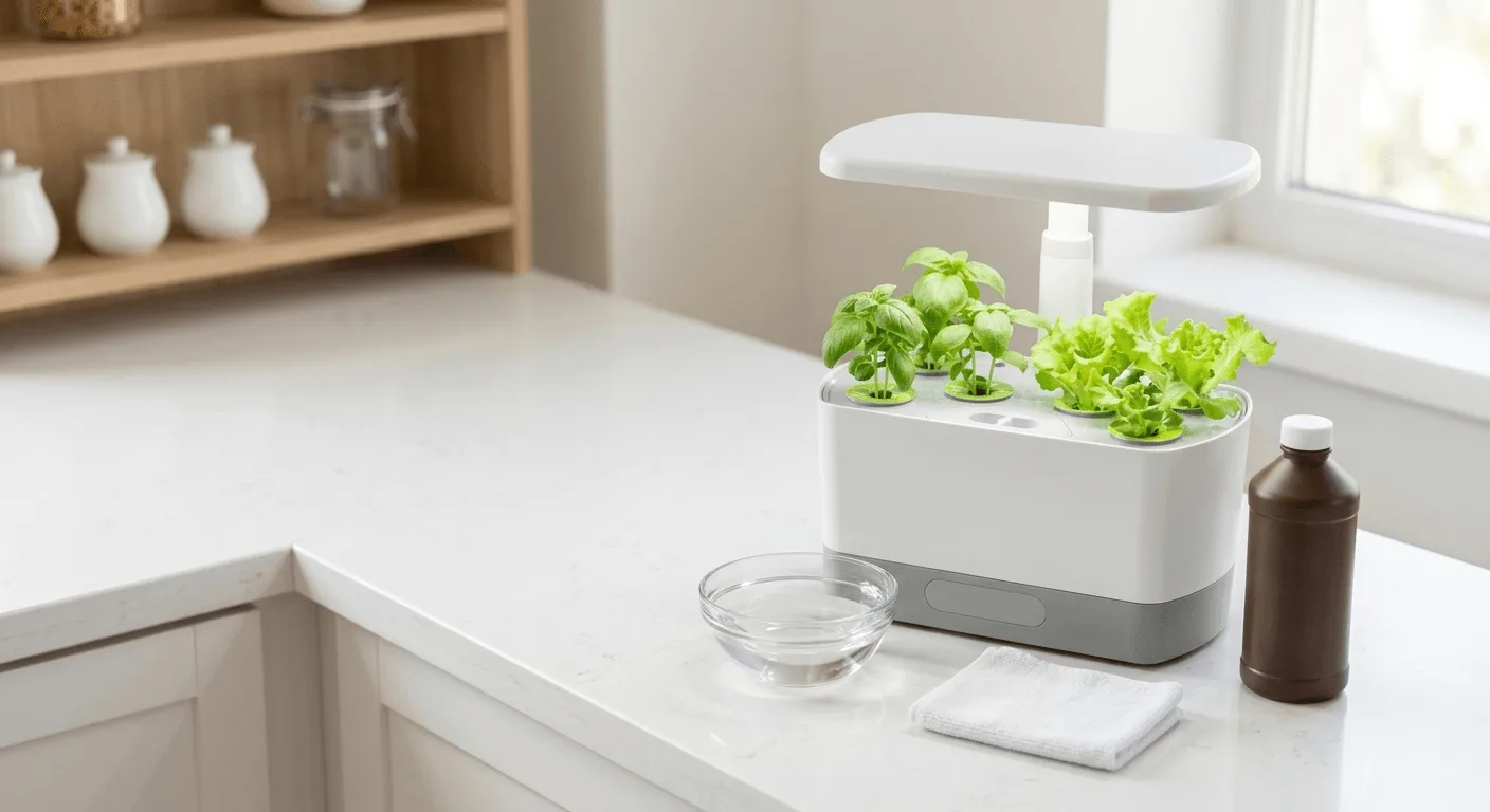 countertop hydroponic unit next to cleaning supplies on an apartment kitchen counter
