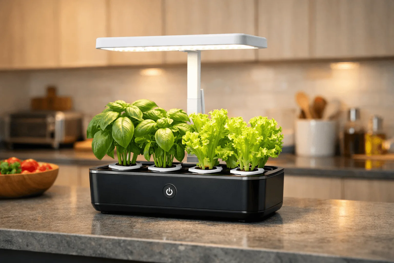 Plug-and-play countertop hydroponic system with 6 growing pods and built-in LED light on a modern kitchen counter