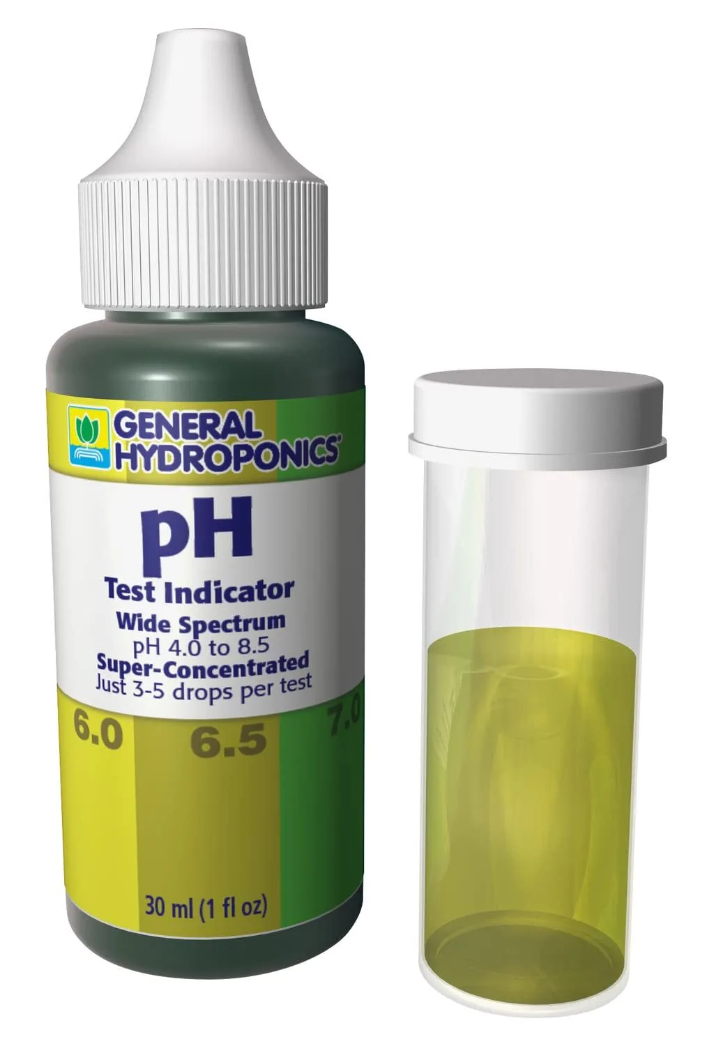 General Hydroponics pH test kit with dropper bottle, test tube and color chart for checking hydroponic reservoir pH