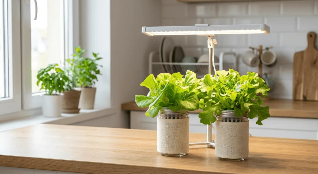 grow hydroponic lettuce countertop style in a small apartment kitchen with compact jars and LED grow light