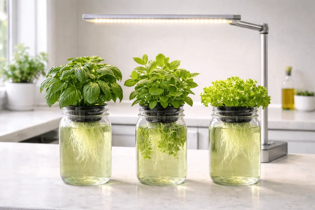 Basil, mint, and lettuce growing in Kratky mason jars under a full-spectrum LED grow light on a white apartment countertop