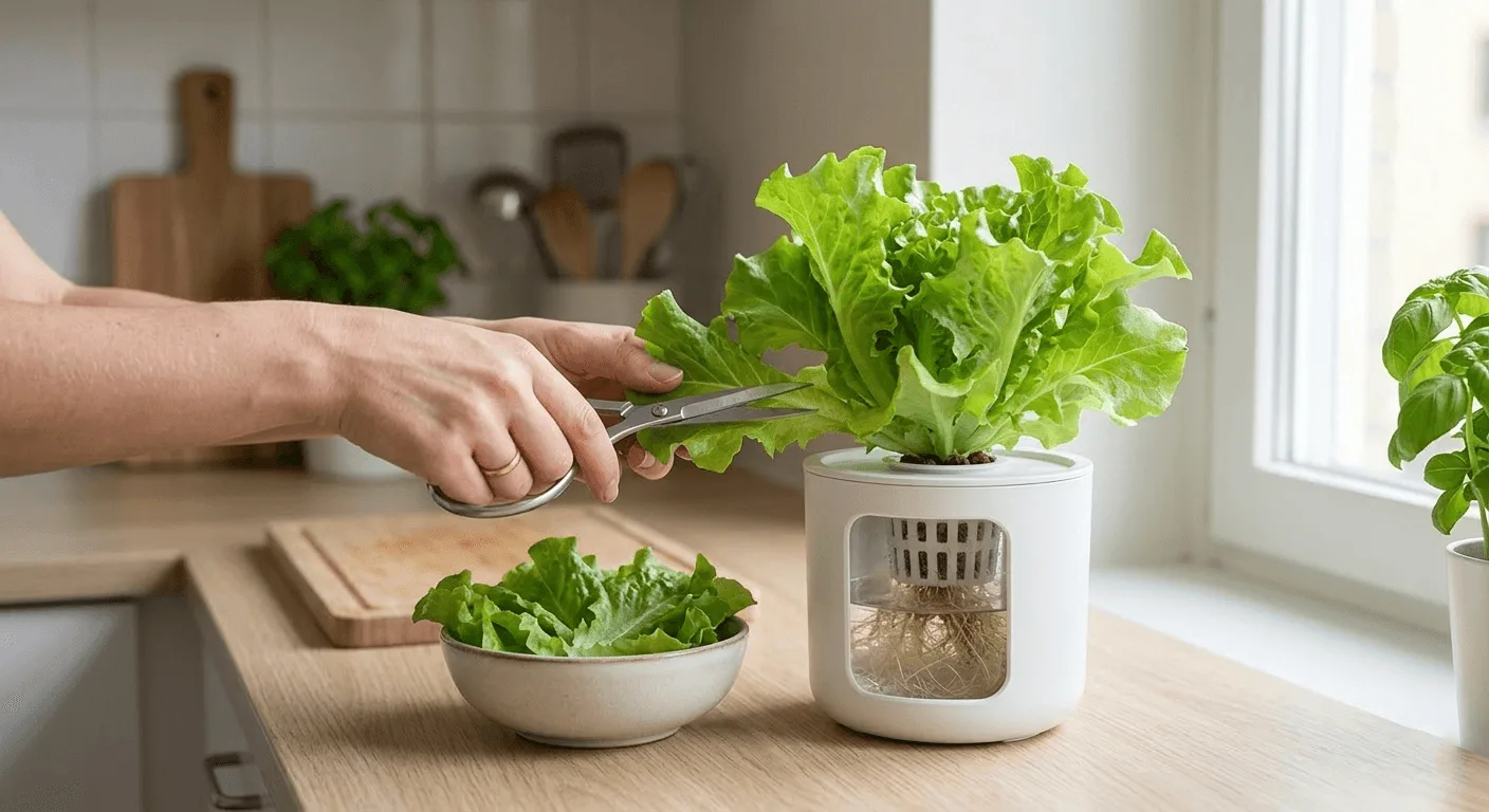 hand cutting outer leaves from a small hydroponic lettuce plant on a kitchen counter