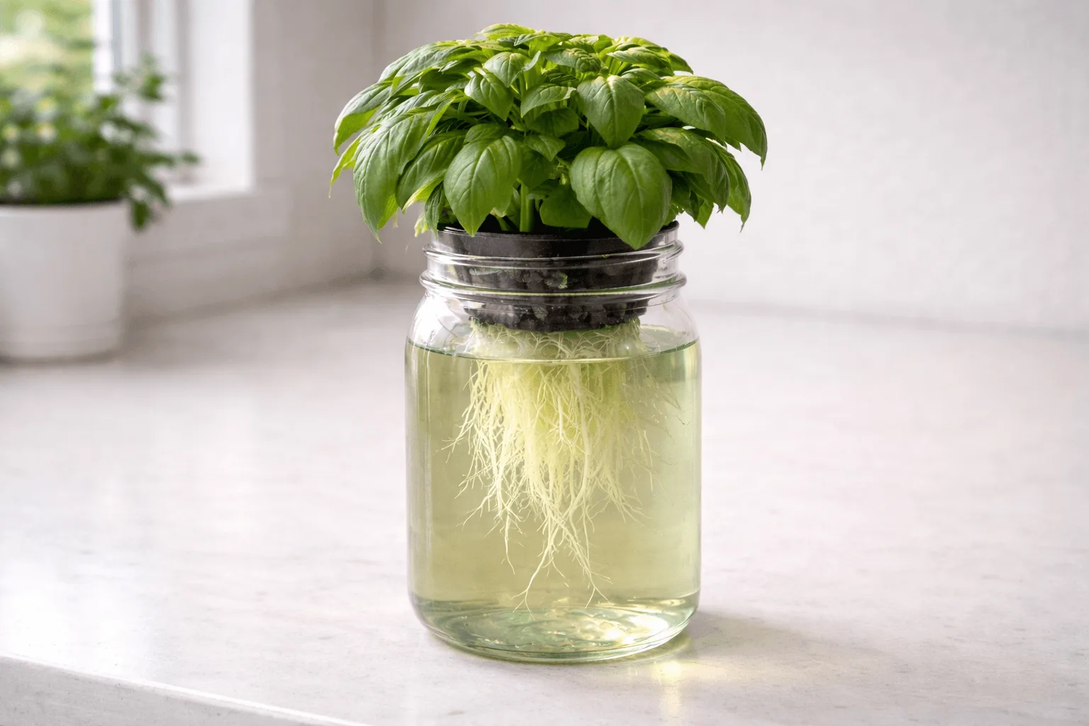 Transparent glass mason jar showing long bright white healthy basil roots submerged in light green nutrient solution with vibrant green basil leaves growing above