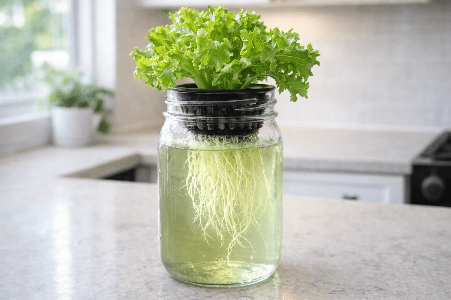 healthy white hydroponic roots visible in a clear Kratky jar after a full reservoir flush