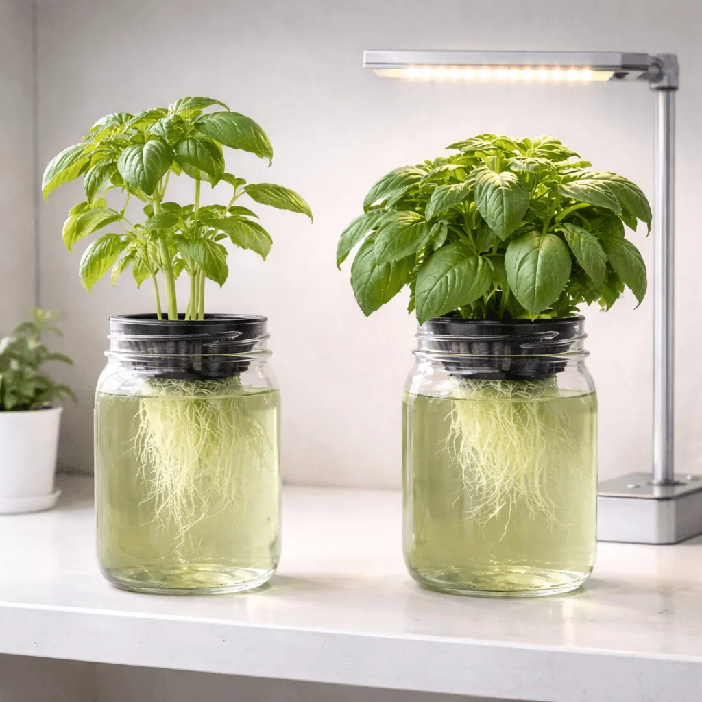 Side by side comparison of a leggy pale basil plant with insufficient light next to a healthy compact dark green basil under a properly positioned LED grow light