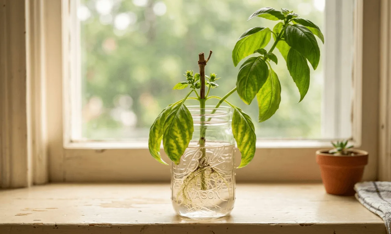Hydroponic basil plant showing yellowing lower leaves and a slightly soft brown cut site a few days after a heavy harvest in a mason jar setup