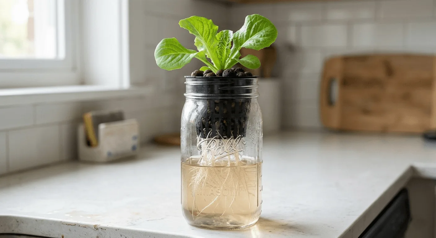 jar with lettuce seedling roots and a clear air gap above the nutrient solution