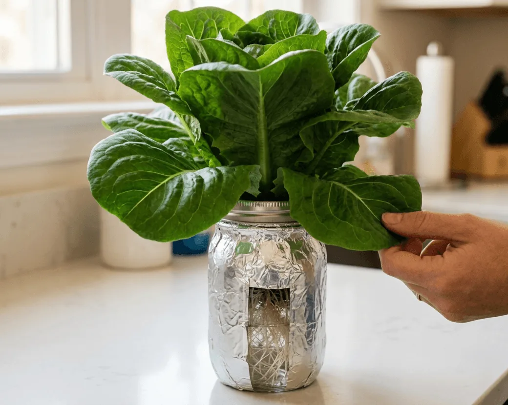 Buttercrunch lettuce plant with full outer leaves ready to harvest, growing in a foil-wrapped mason jar Kratky system on a kitchen counter