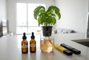 hydroponic nutrients bottles next to a Kratky mason jar system on an apartment kitchen counter
