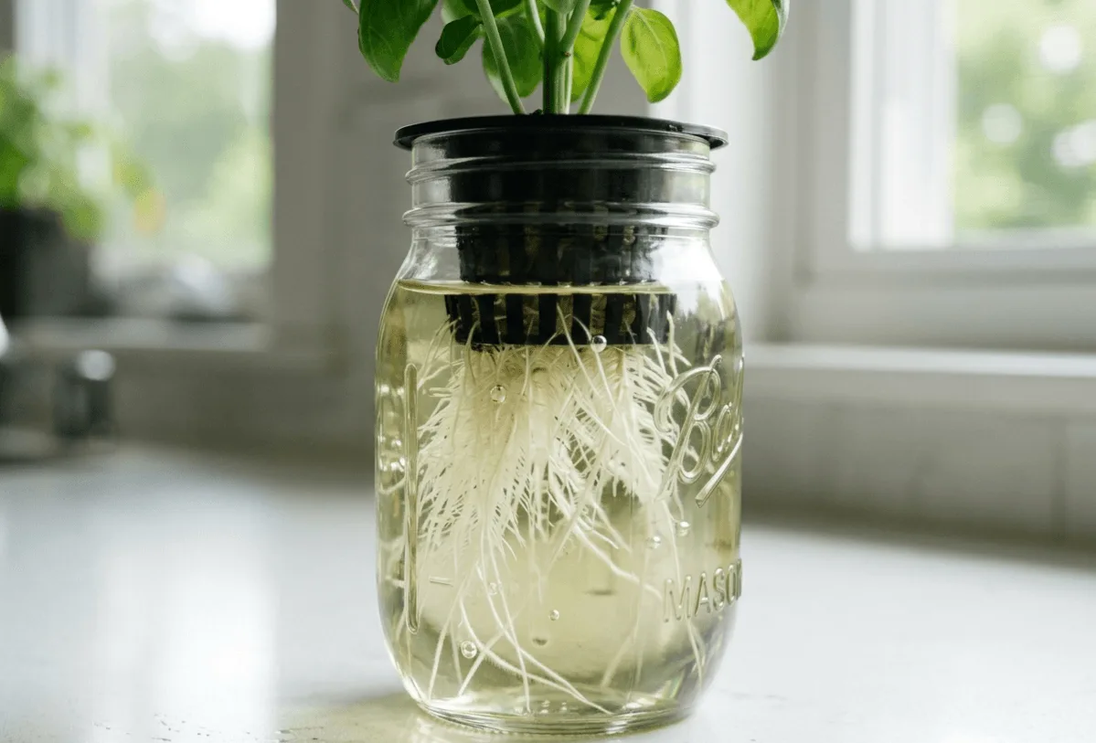 Close-up of white hydroponic plant roots hanging in a clear nutrient solution inside a glass jar, no soil