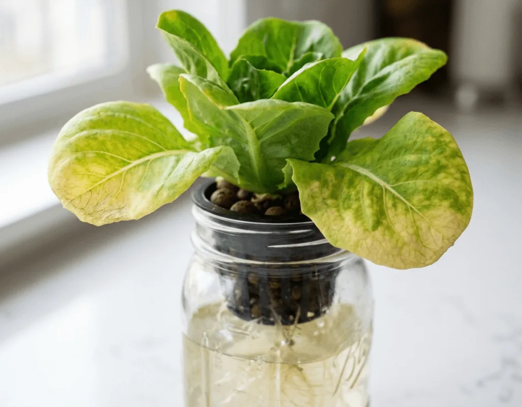 Close-up of hydroponic lettuce leaves turning yellow due to pH imbalance in a mason jar hydroponic system