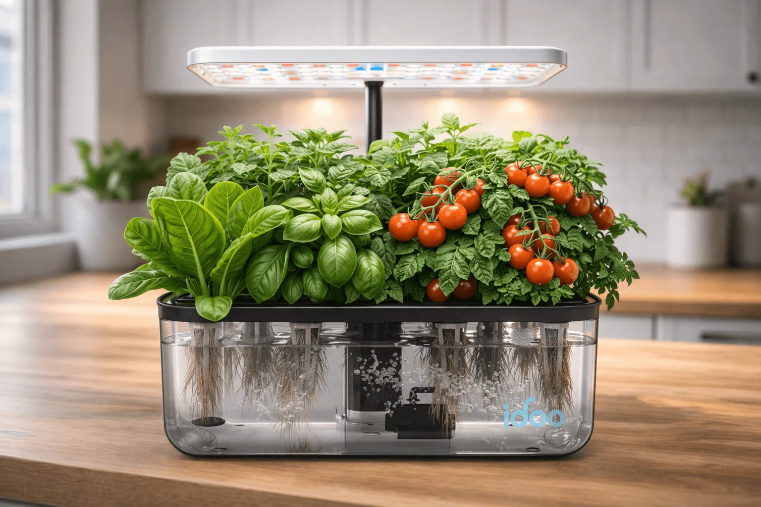 iDOO 12-pod hydroponic system with fully transparent water tank showing roots and bubbling water, growing basil and cherry tomatoes on a kitchen counter