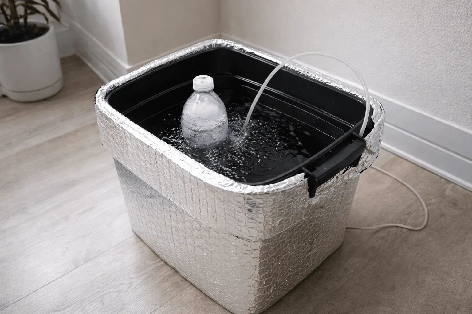 small DWC hydroponic tote wrapped in reflective insulation with a frozen water bottle cooling the nutrient solution in an apartment