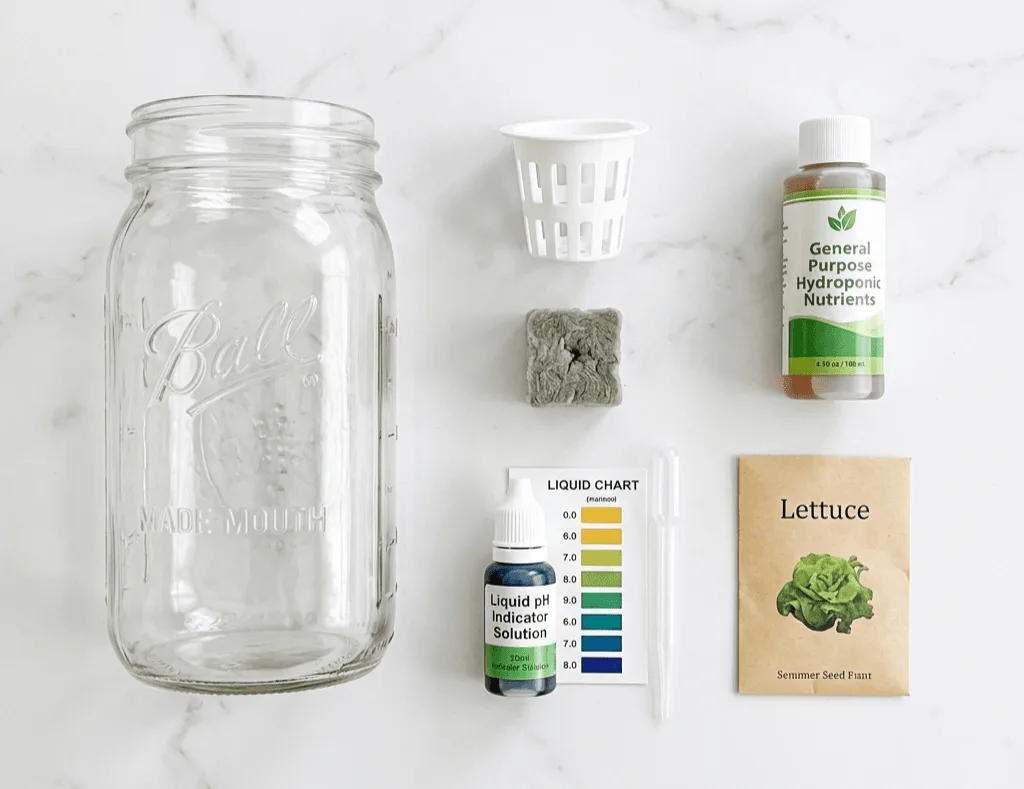 Flat lay of Kratky hydroponic starter kit items: mason jar, 2-inch net cup, rockwool cube, liquid nutrients bottle, pH test kit, and seed packet on a white surface
