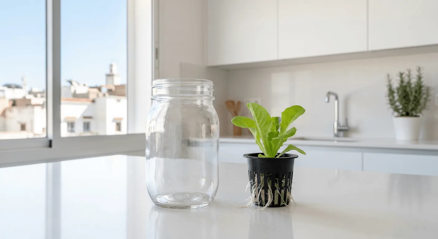clean glass mason jar and net cup with lettuce roots ready for a Kratky jar cleanout