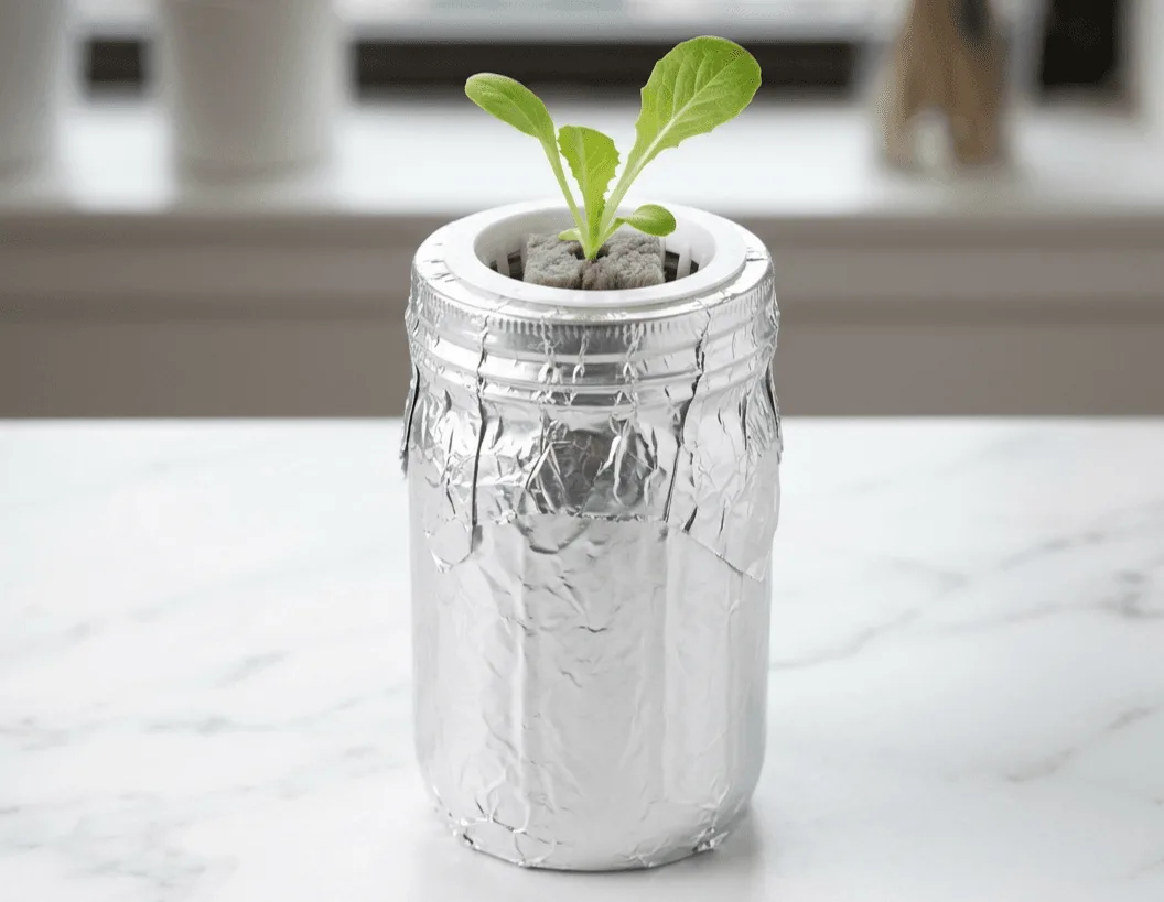 Kratky method mason jar with foil wrapping, 2-inch net cup, and a small lettuce seedling in a rockwool cube, on a kitchen counter
