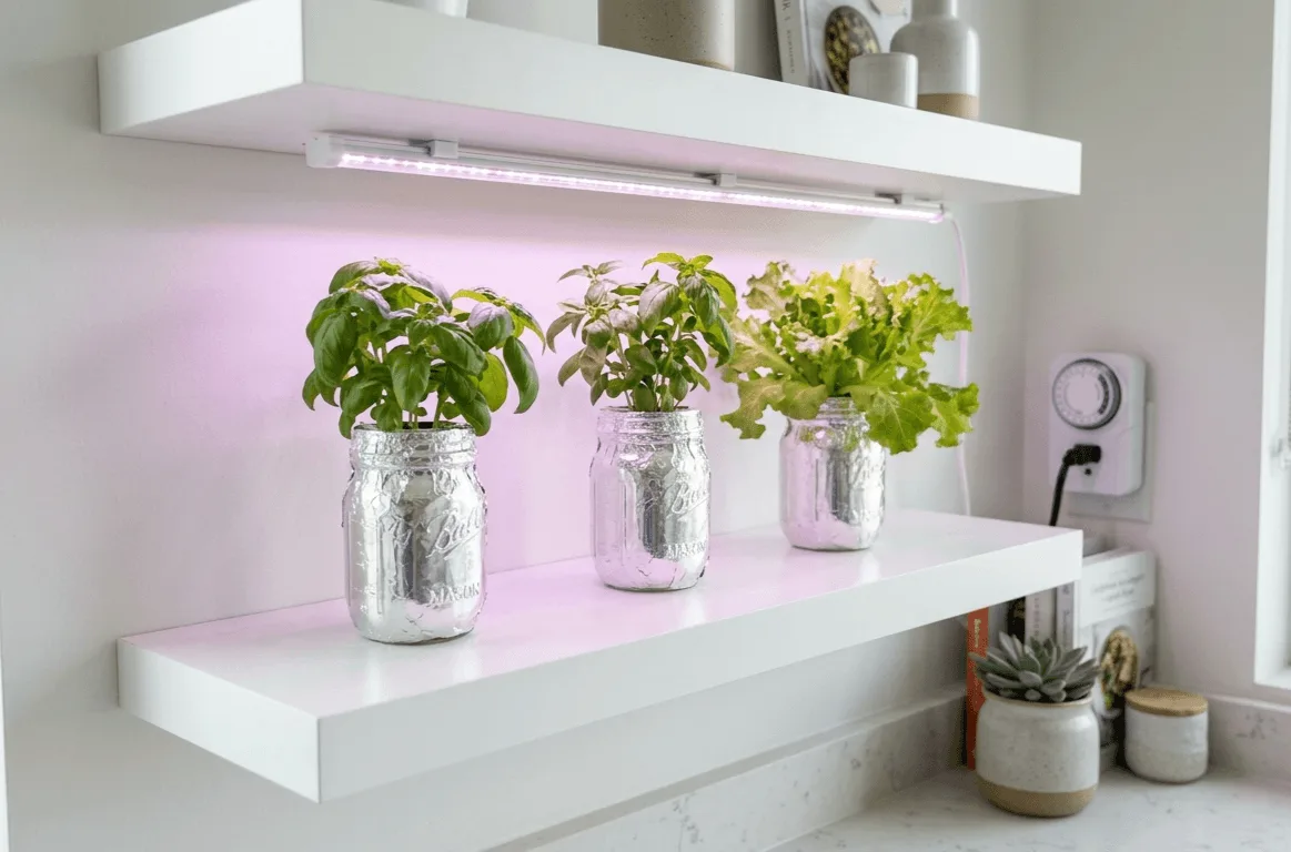 LED full-spectrum grow light bar mounted under a white shelf illuminating hydroponic basil and lettuce plants below