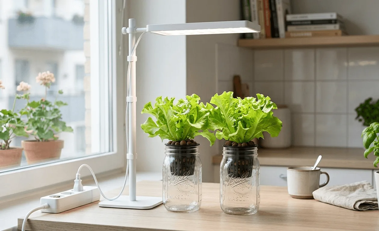 small LED grow light positioned above indoor lettuce containers on an apartment counter