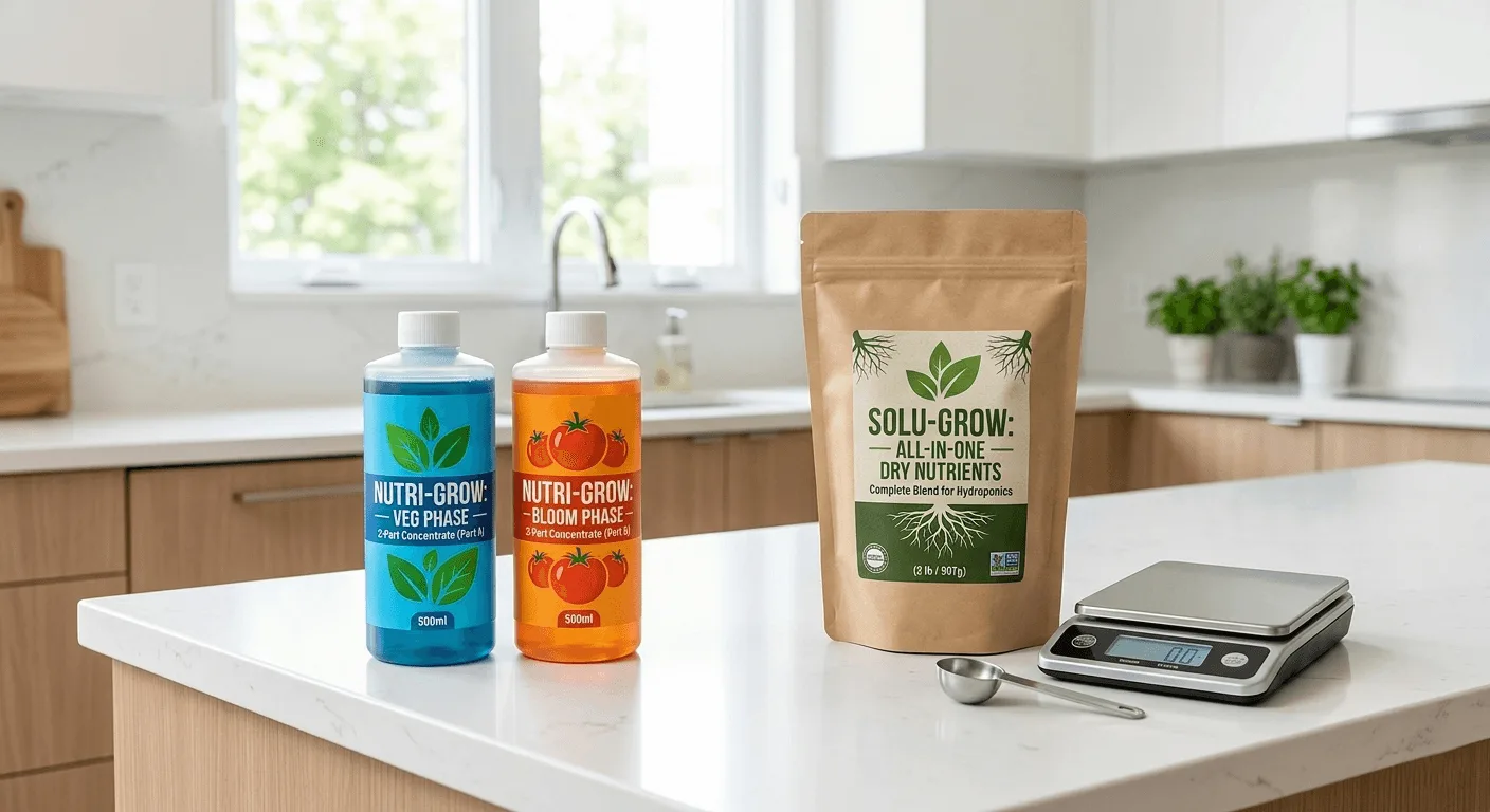 liquid hydroponic nutrient bottles compared to dry powder nutrients on a kitchen counter