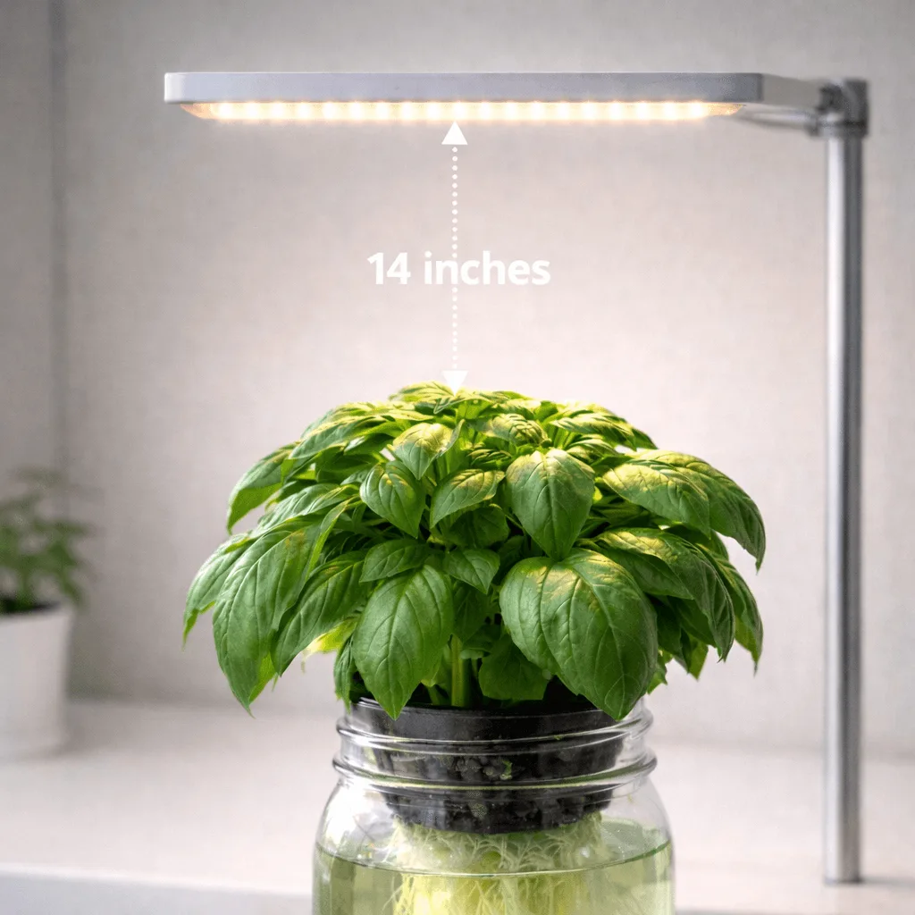 A dotted vertical line showing the distance between a compact LED grow light and the top of a basil plant growing in a Kratky mason jar on a white apartment shelf
