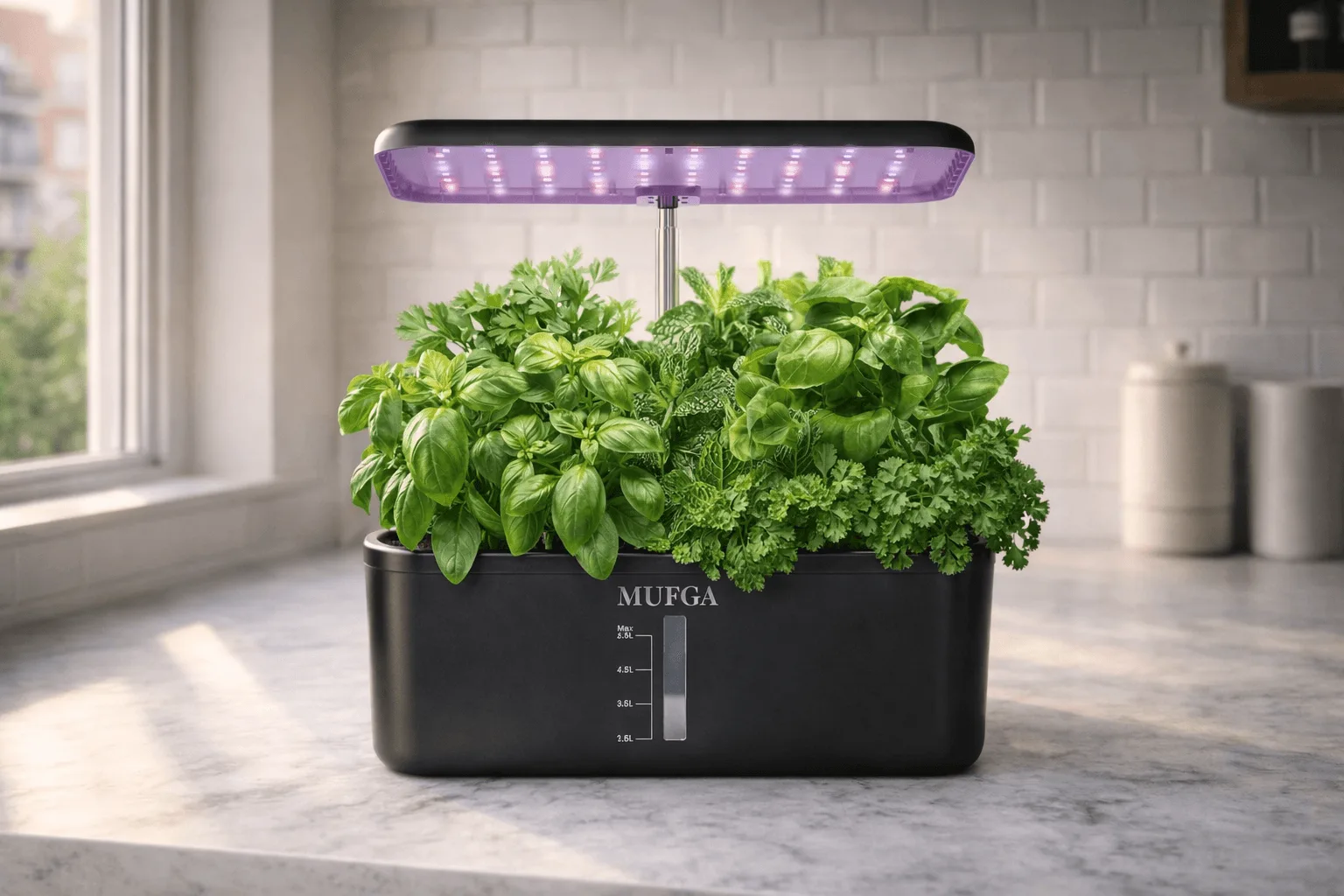 MUFGA 12-pod hydroponic growing system with purple-pink LED panel growing fresh basil and parsley on an apartment kitchen counter