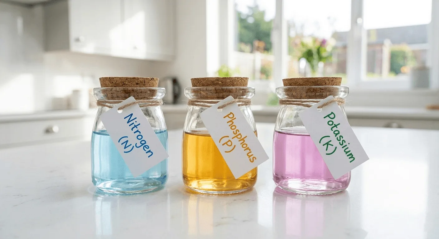 three jars representing nitrogen phosphorus and potassium macronutrients for hydroponic plants