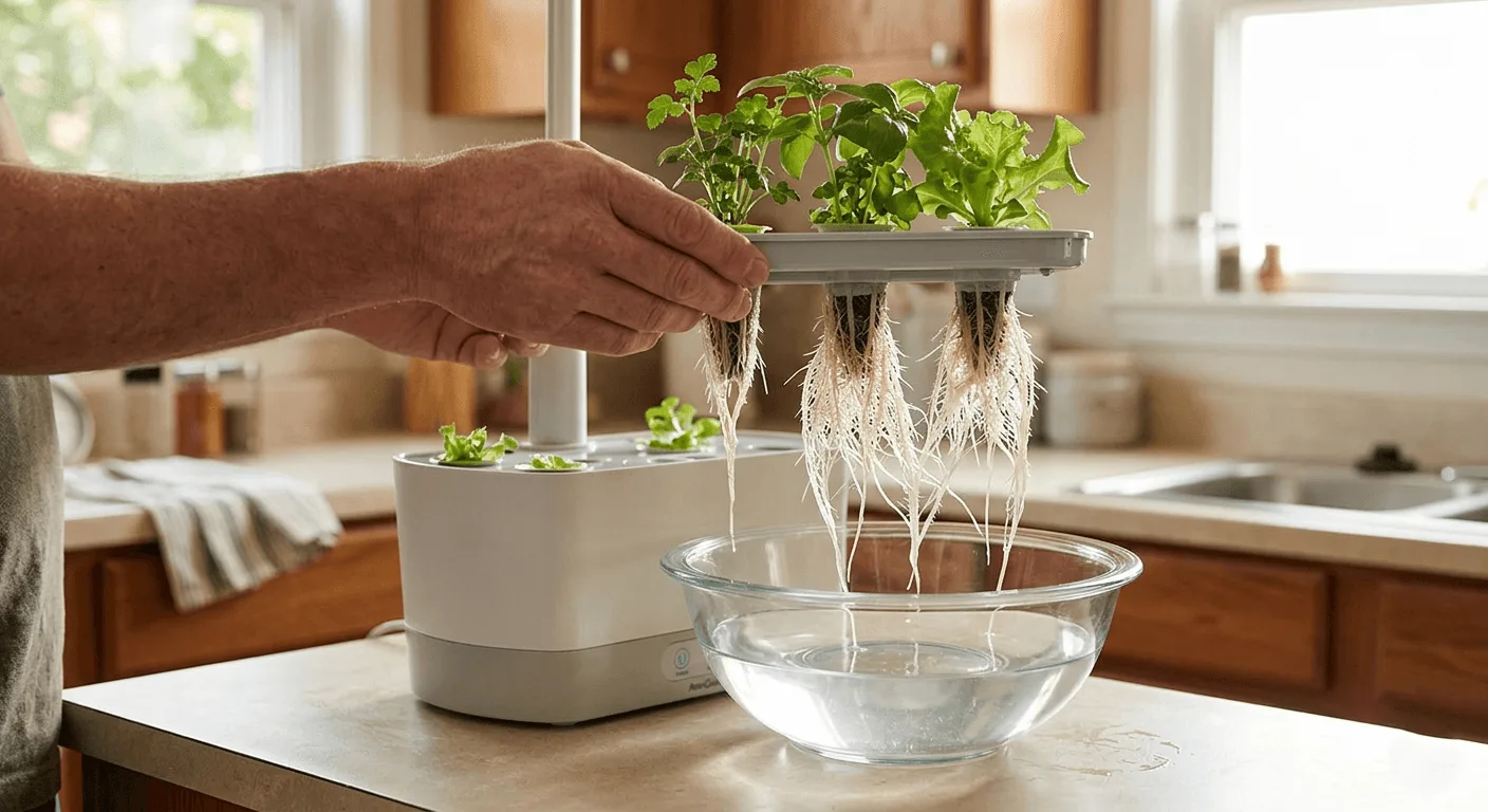 hands lifting the grow deck off a countertop hydroponic unit with roots being placed into a bowl of water