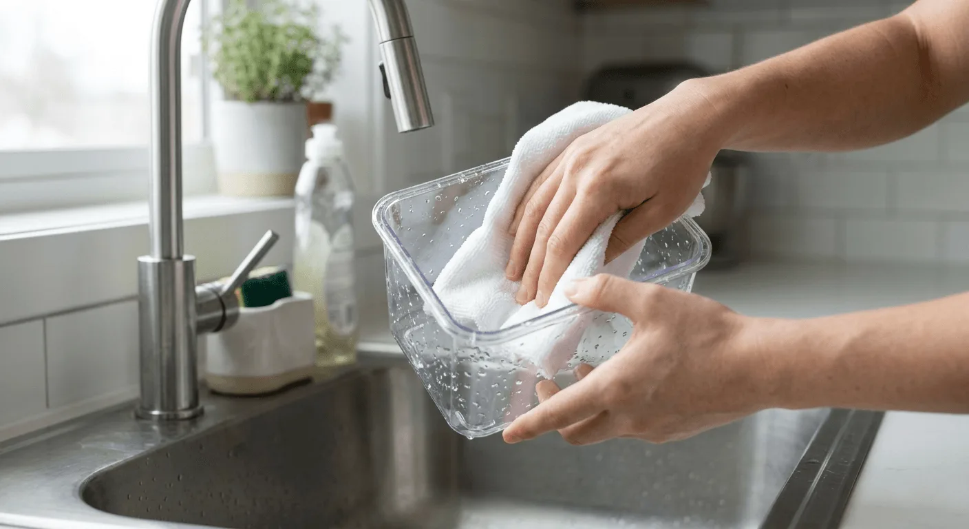 hands scrubbing the inside of a small hydroponic reservoir with a microfiber cloth at a kitchen sink