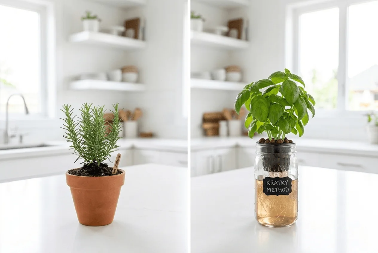 side by side comparison of soil pot and Kratky hydroponic jar showing the difference between soil and water feeding