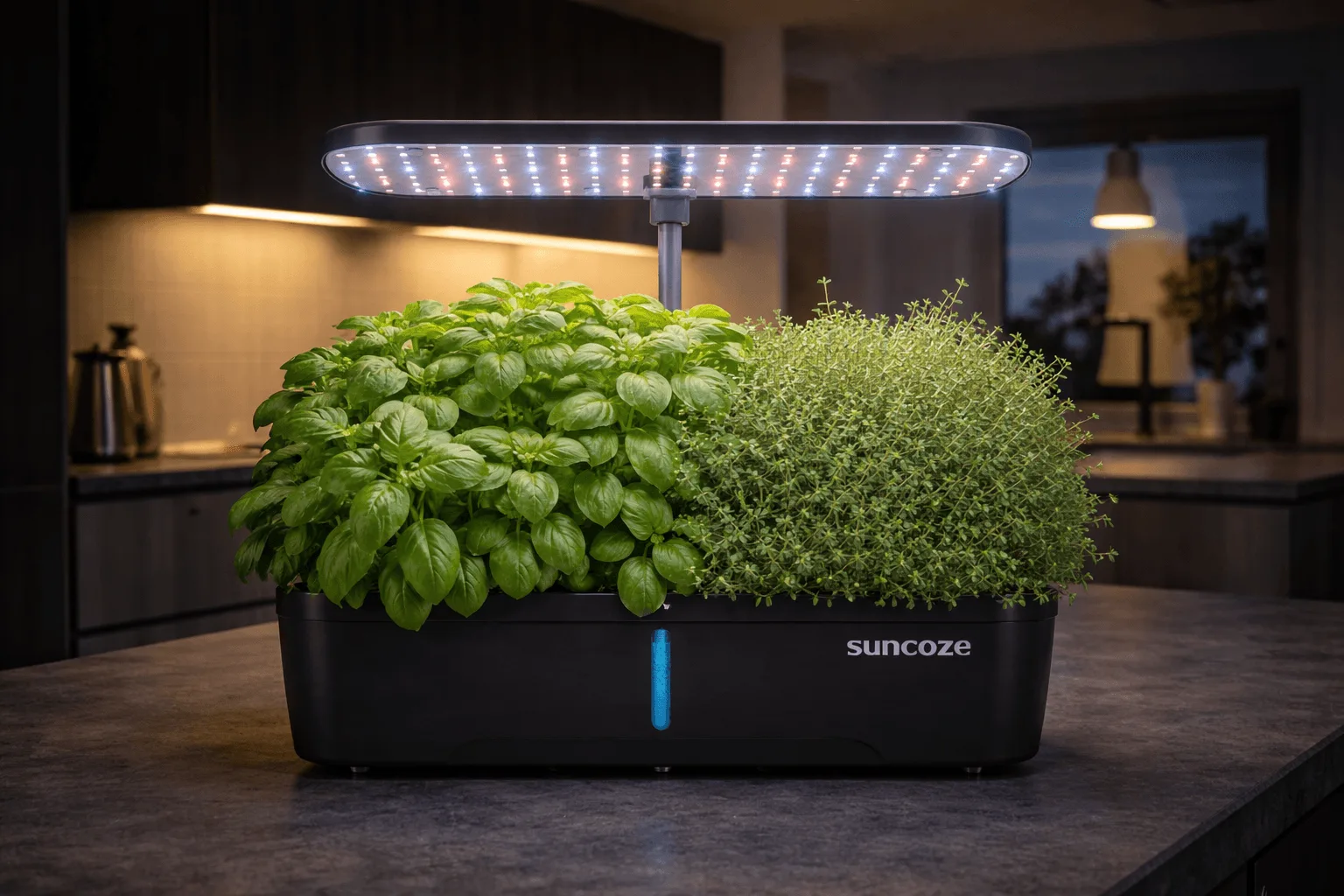 SUNCOZE 12-pod hydroponic growing system with wide LED panel and visible water gauge growing basil and herbs on a kitchen counter