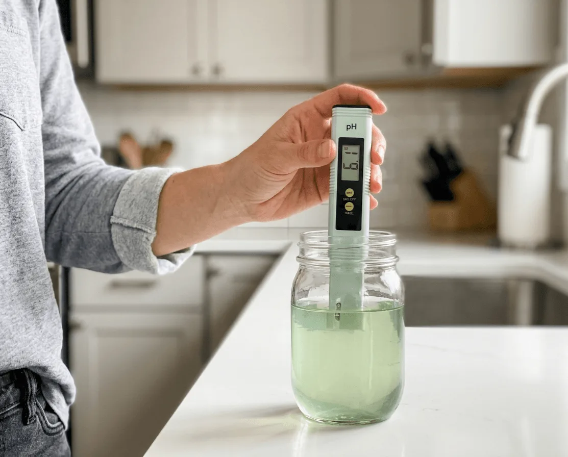 Hand holding a digital pH meter submerged in a clear hydroponic nutrient solution inside a glass mason jar