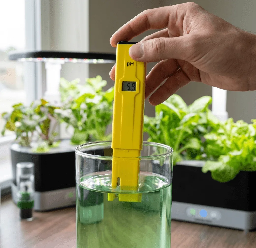 hand holding a digital pH pen testing hydroponic nutrient solution showing a reading of 5.9
