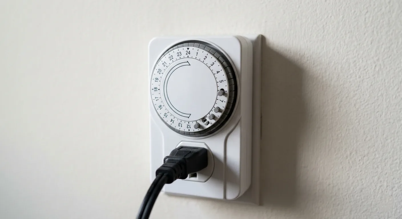 Mechanical outlet timer plugged into wall socket with grow light cord for 14 hour schedule