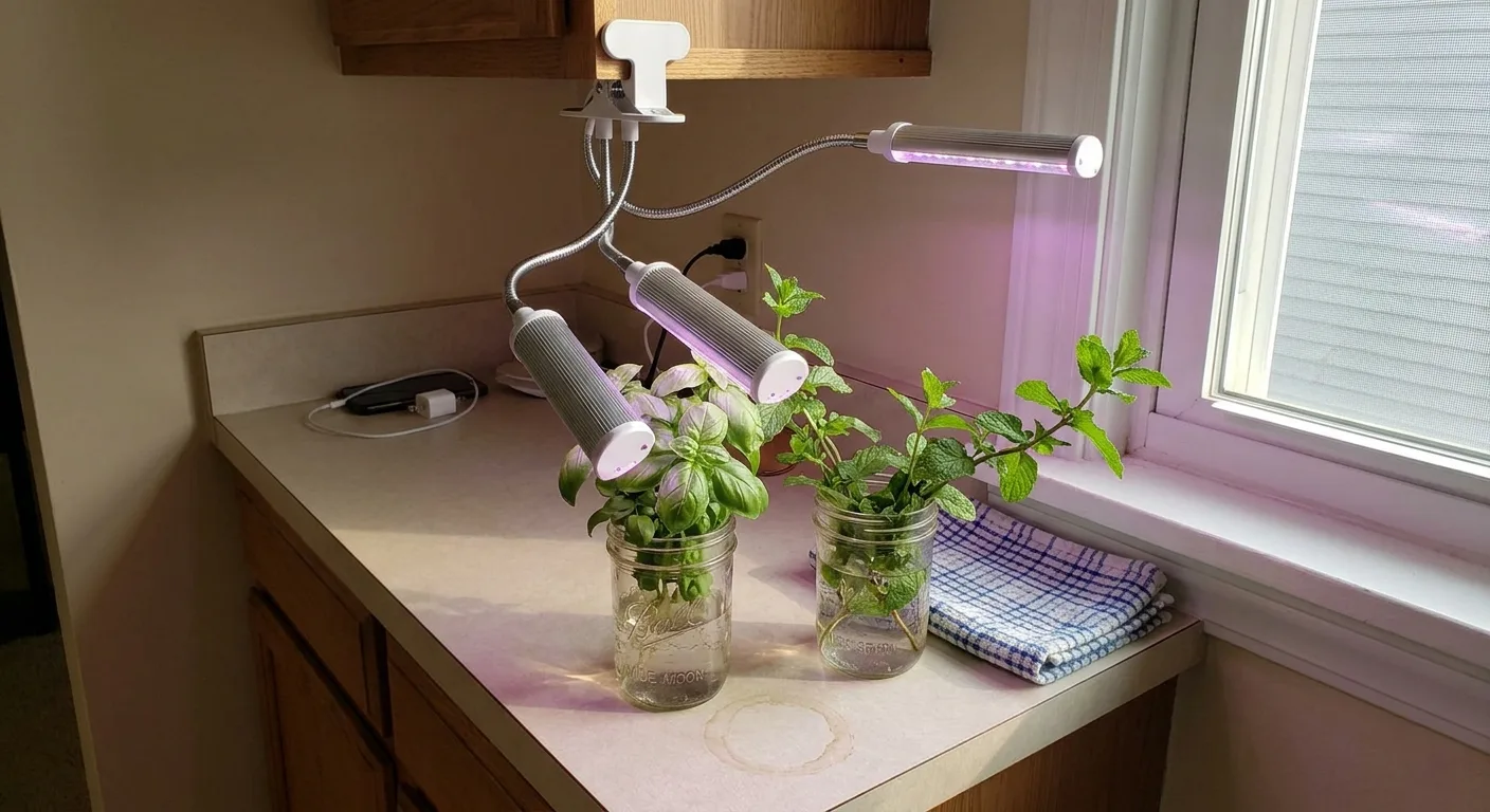 Two hydroponic herb jars under a clip on grow light on an apartment kitchen shelf