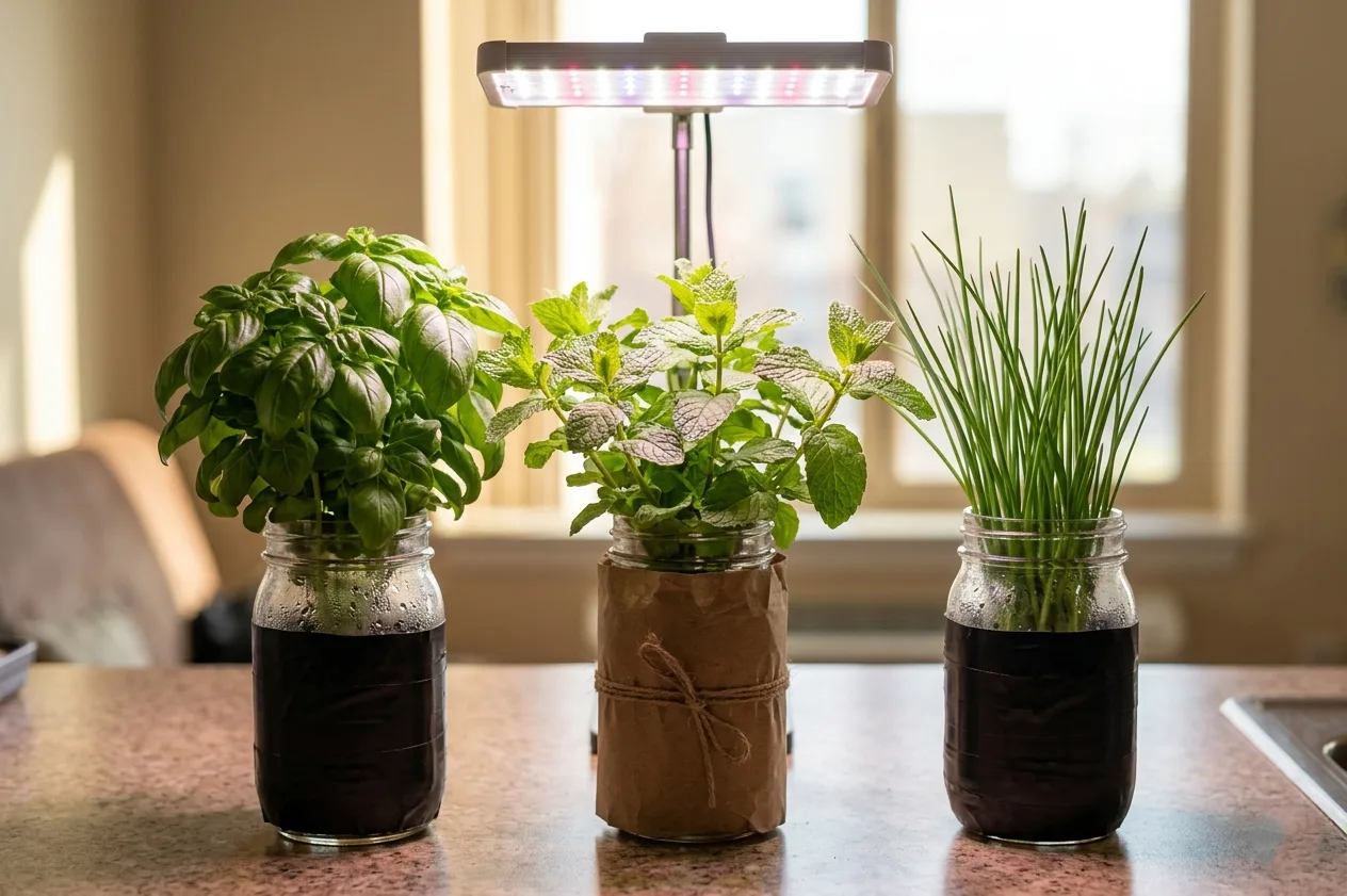 Basil mint and chives growing together in a shared hydroponic counter setup under LED light