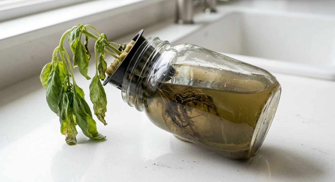 Glass mason jar with murky brown water and slimy dark roots from an unmeasured nutrient overdose in a small apartment hydroponic setup