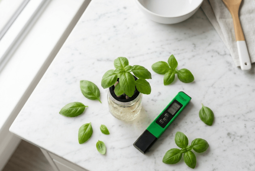 EC meter pen resting next to a glass Kratky jar with white hydroponic roots and fresh basil leaves on a kitchen counter