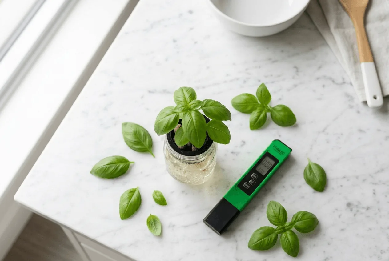 EC meter pen resting next to a glass Kratky jar with white hydroponic roots and fresh basil leaves on a kitchen counter