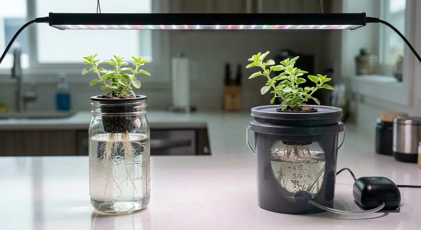 Oregano growing in a quiet Kratky jar and a small DWC system for apartment growing.