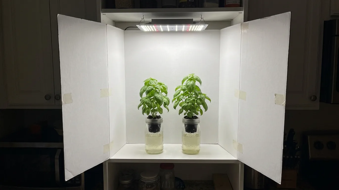 White cardboard panels taped to shelf sides to block grow light bleed in studio apartment