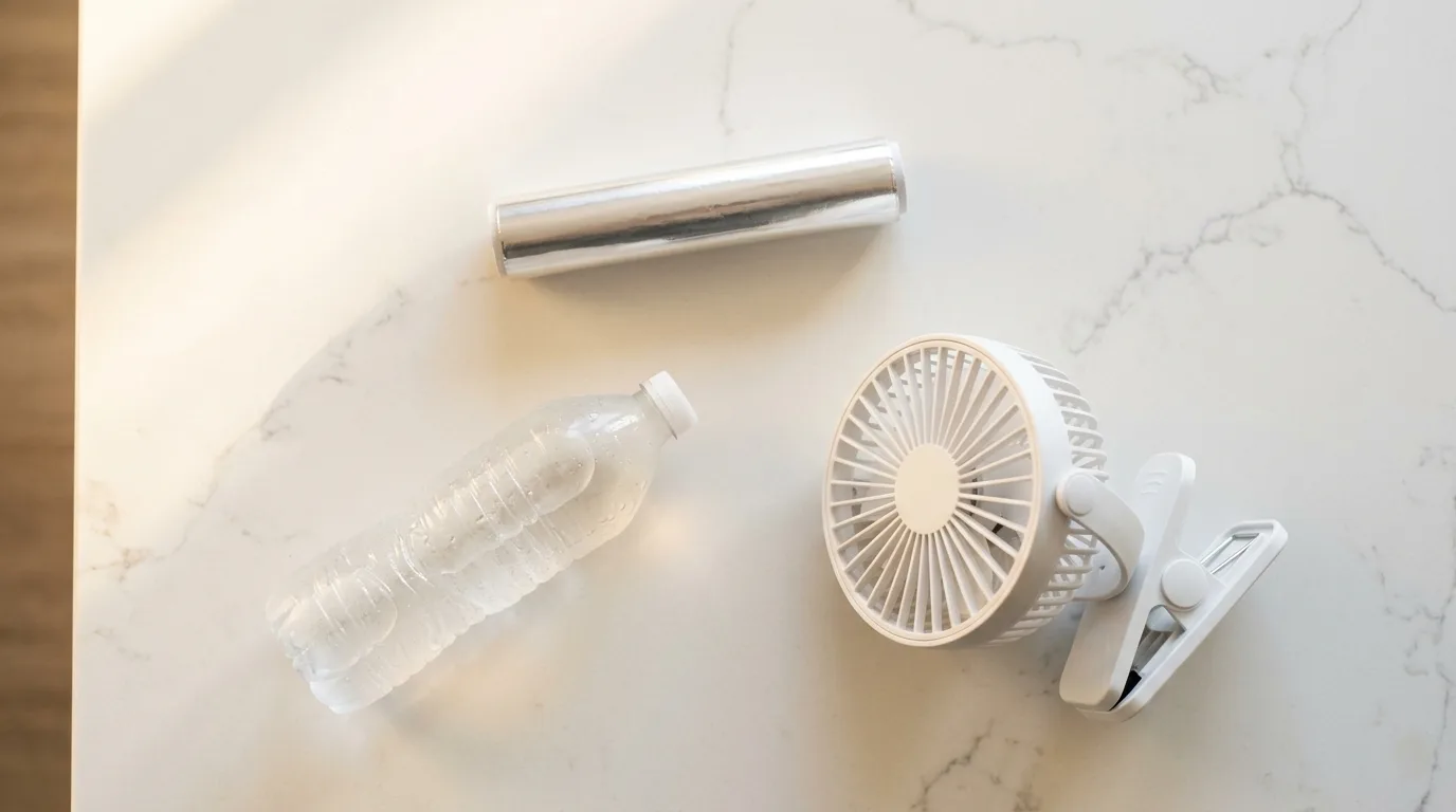 Overhead flat-lay of hydroponic cooling tools: frozen water bottle, silver foil roll, and clip-on fan on white quartz counter