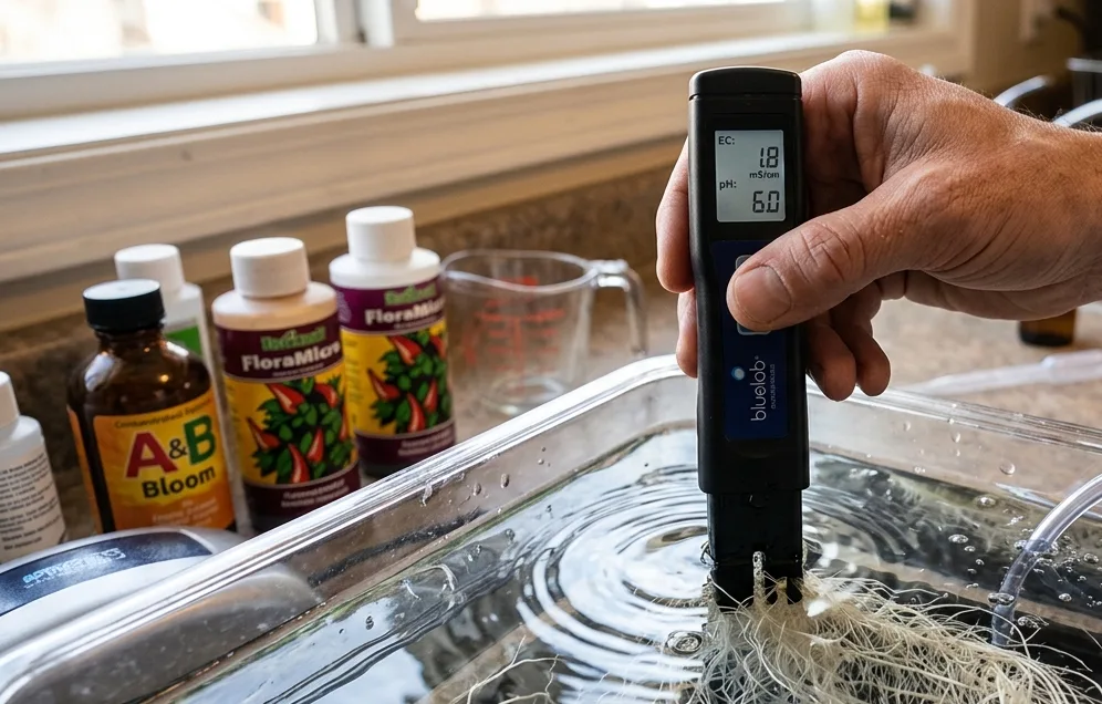 Grower testing hydroponic reservoir water with a digital meter beside herb roots.